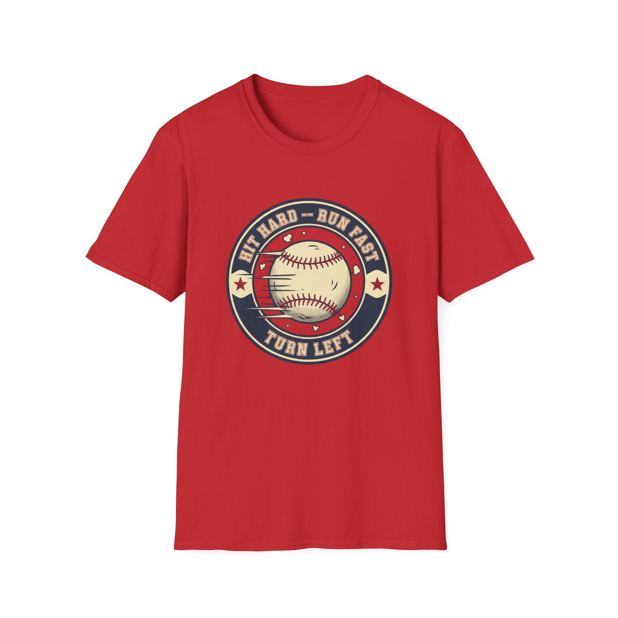 Baseball Tee — “Hit Hard • Run Fast • Turn Left” Vintage Softball Graphic Shirt