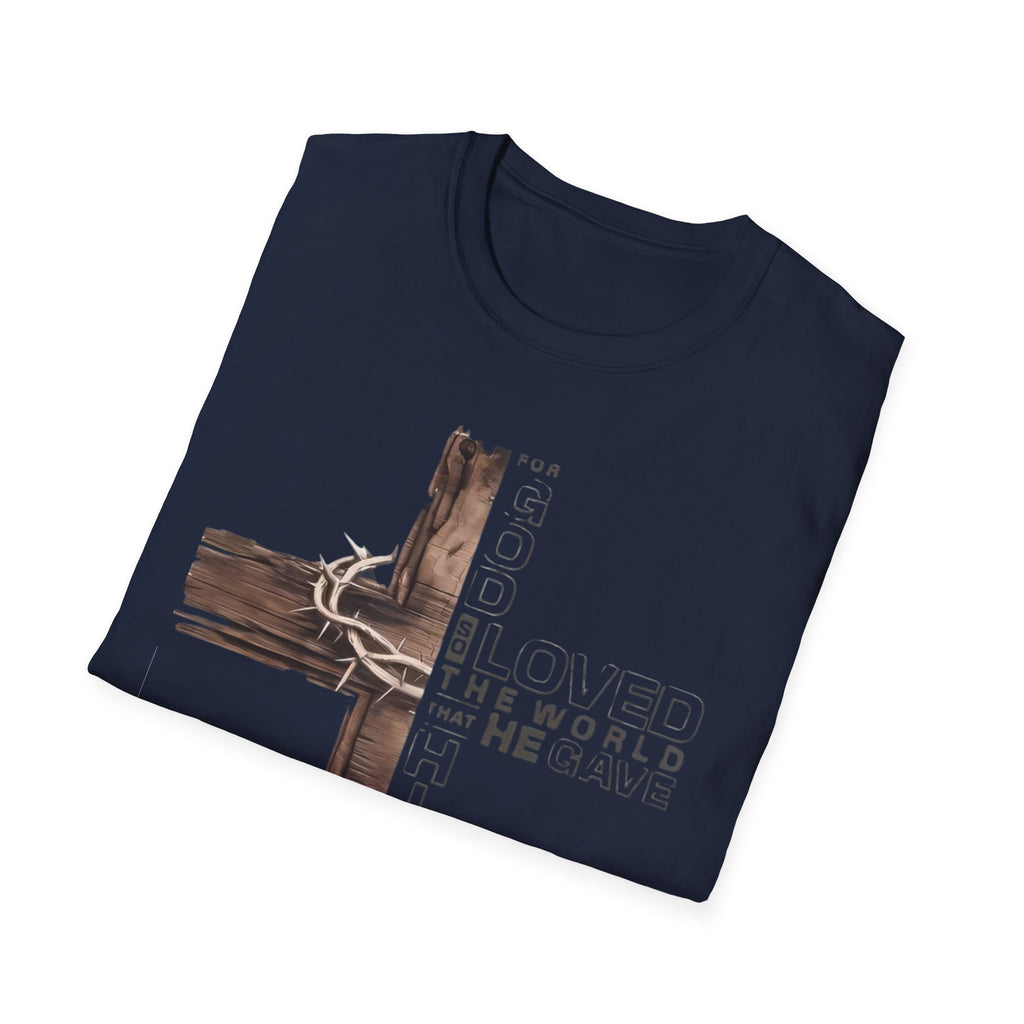 Christian Cross T-Shirt — "He Loved The World" Faith Graphic Tee