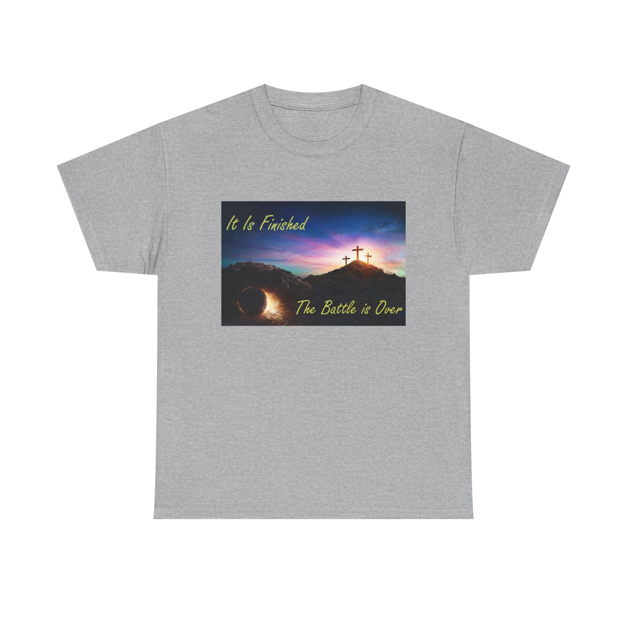 T-Shirt – 'It Is Finished / The Battle is Over' Christian Cross Sunset Tee