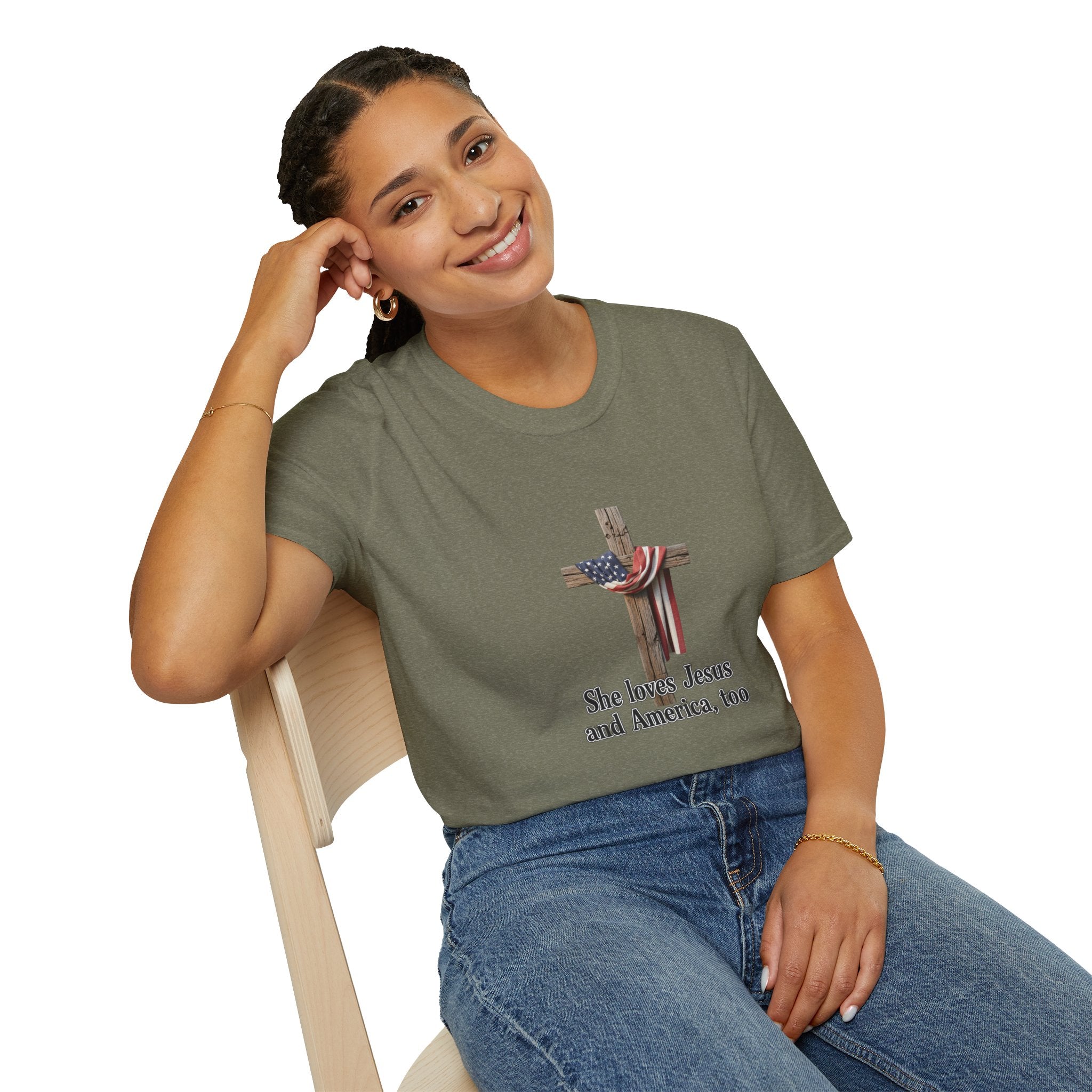 Christian Patriotic T-Shirt - "She loves Jesus and America, too" Cross Design