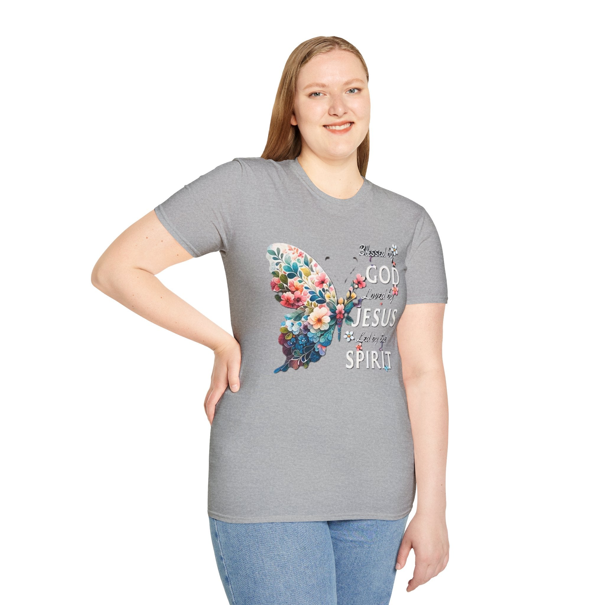 Faith Butterfly T-Shirt — "Blessed by God, Loved by Jesus, Led by the Spirit" Christian Floral Tee