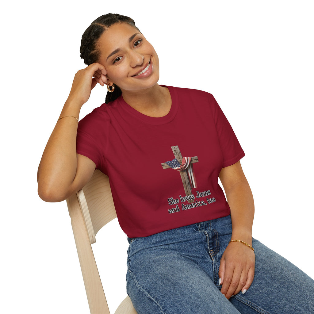 Christian Patriotic T-Shirt - "She loves Jesus and America, too" Cross Design