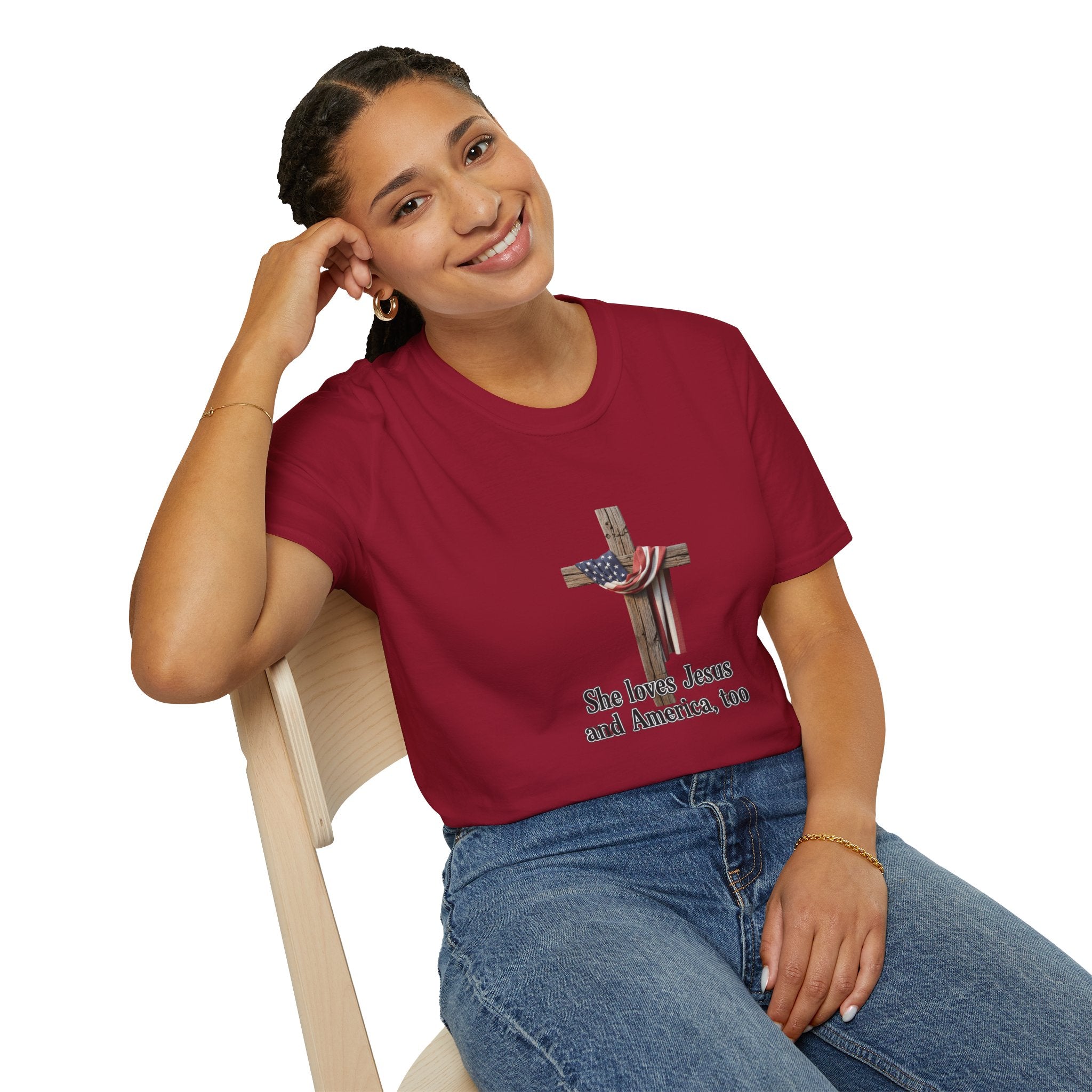 Christian Patriotic T-Shirt - "She loves Jesus and America, too" Cross Design