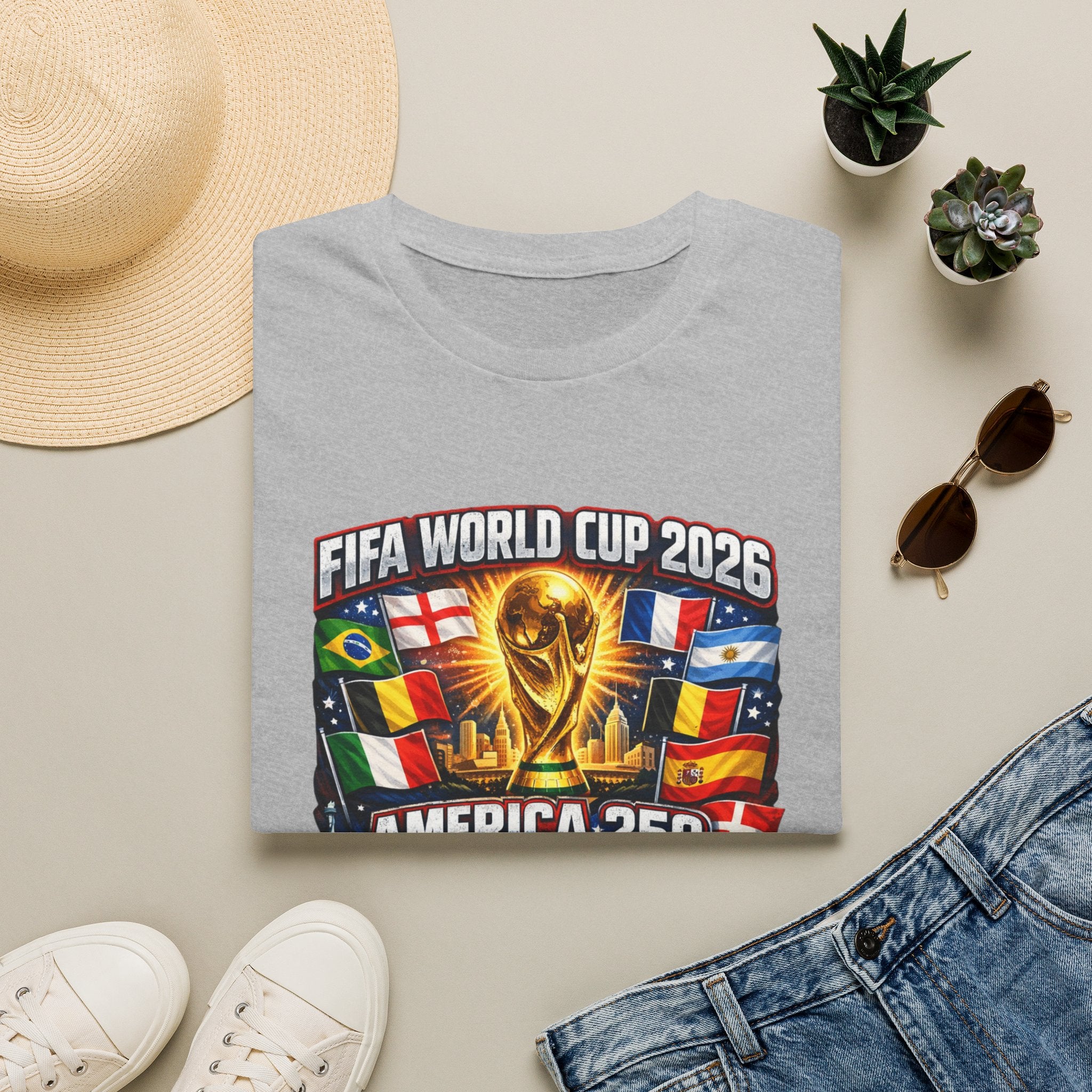 FIFA World Cup 2026 T-Shirt — America 250 Soccer Trophy & Flags Tee