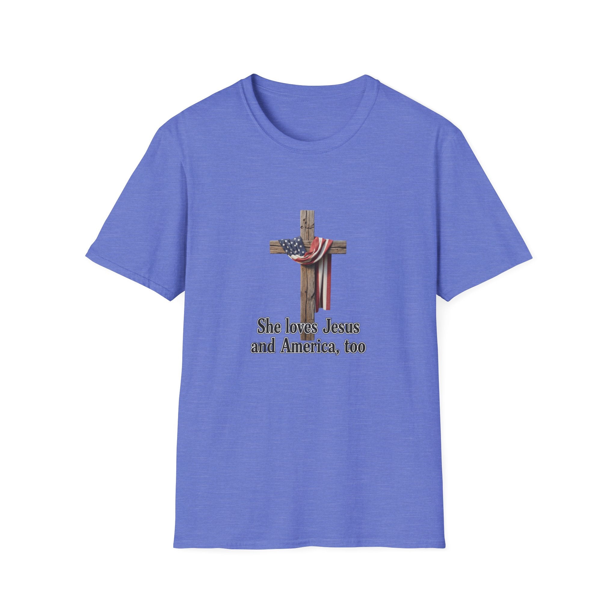 Christian Patriotic T-Shirt - "She loves Jesus and America, too" Cross Design