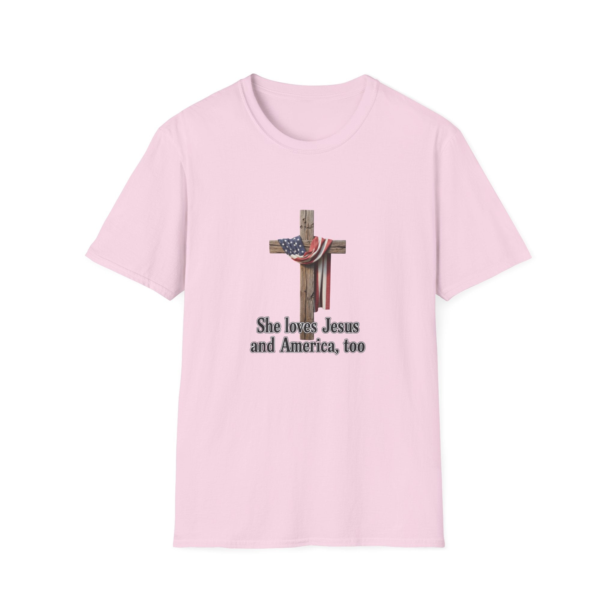 Christian Patriotic T-Shirt - "She loves Jesus and America, too" Cross Design