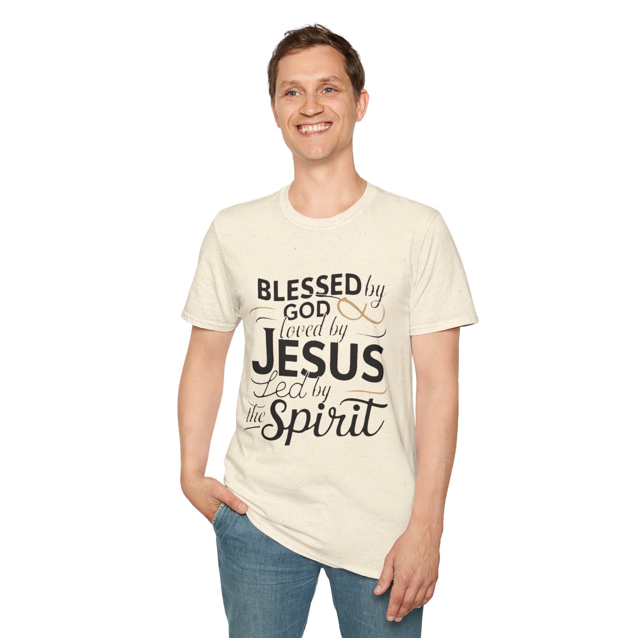 Jesus Blessed by God Faith T-Shirt — "Blessed by God, Loved by Jesus, Led by the Spirit" Christian Tee
