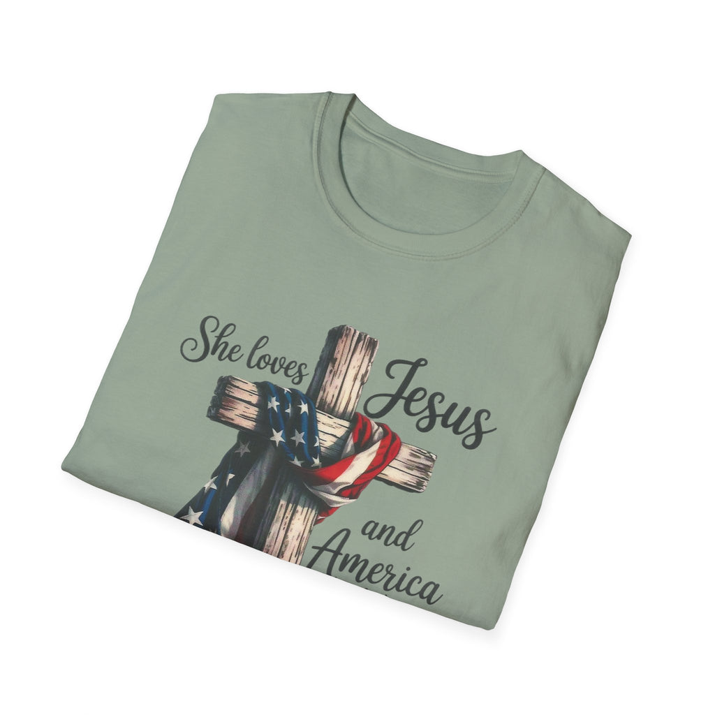 Jesus and America T-Shirt - 'She Loves Jesus and America Too' Patriotic Christian Tee