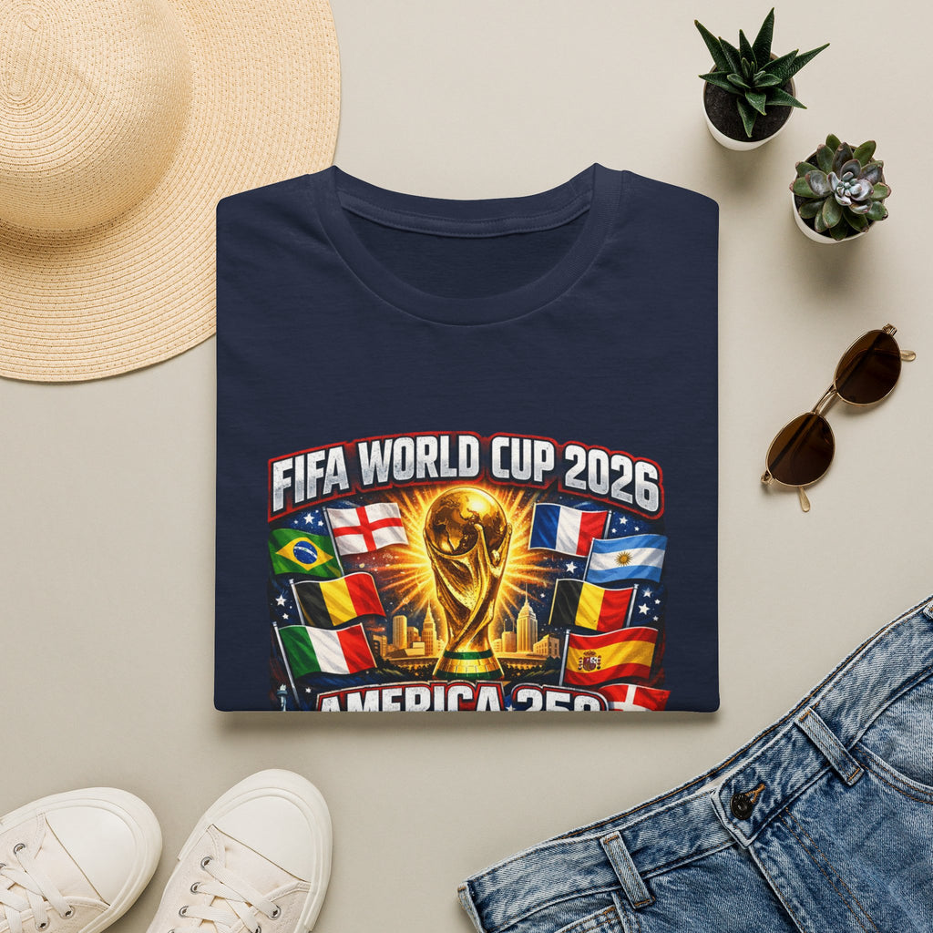 FIFA World Cup 2026 T-Shirt — America 250 Soccer Trophy & Flags Tee
