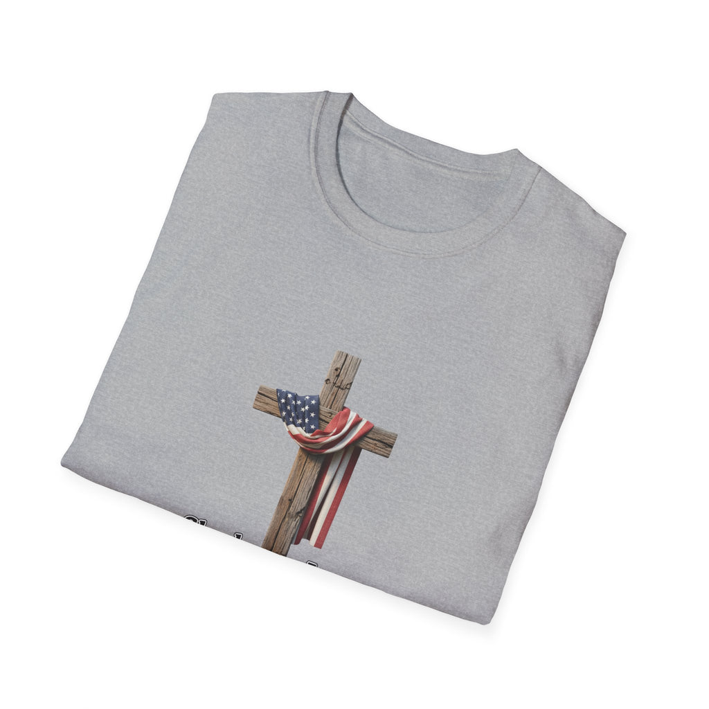 Christian Patriotic T-Shirt - "She loves Jesus and America, too" Cross Design