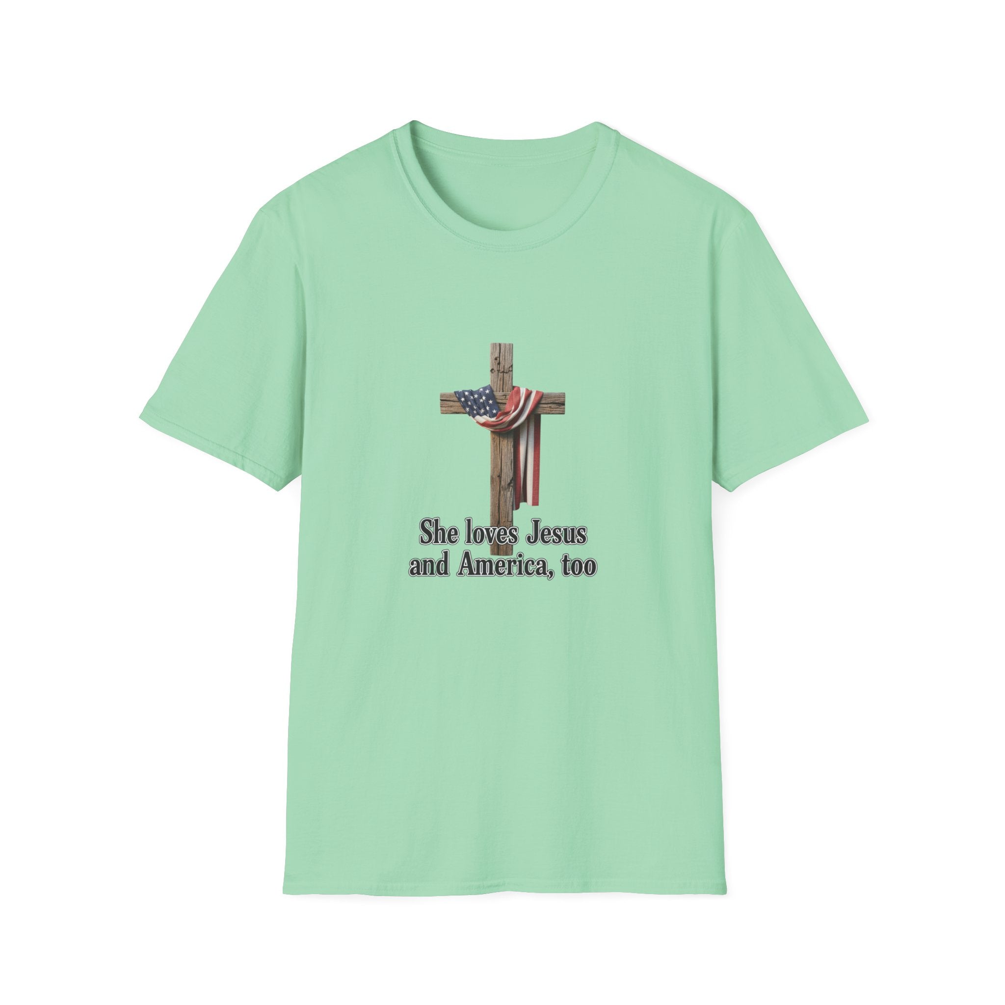 Christian Patriotic T-Shirt - "She loves Jesus and America, too" Cross Design