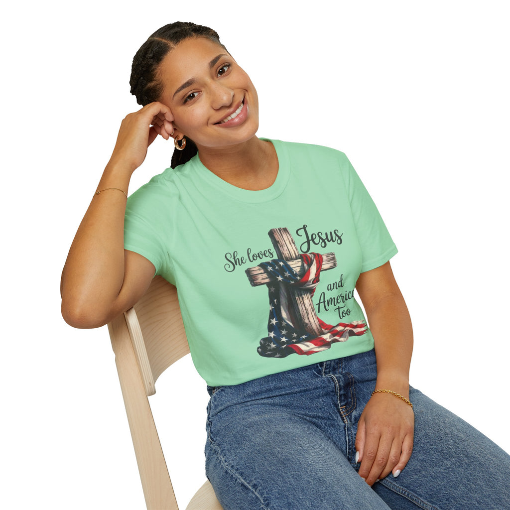 Jesus and America T-Shirt - 'She Loves Jesus and America Too' Patriotic Christian Tee