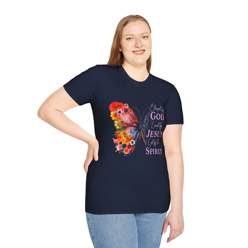 Butterfly Faith T-Shirt — 'Saved by God, Loved by Jesus & Led by the Spirit' Christian Tee
