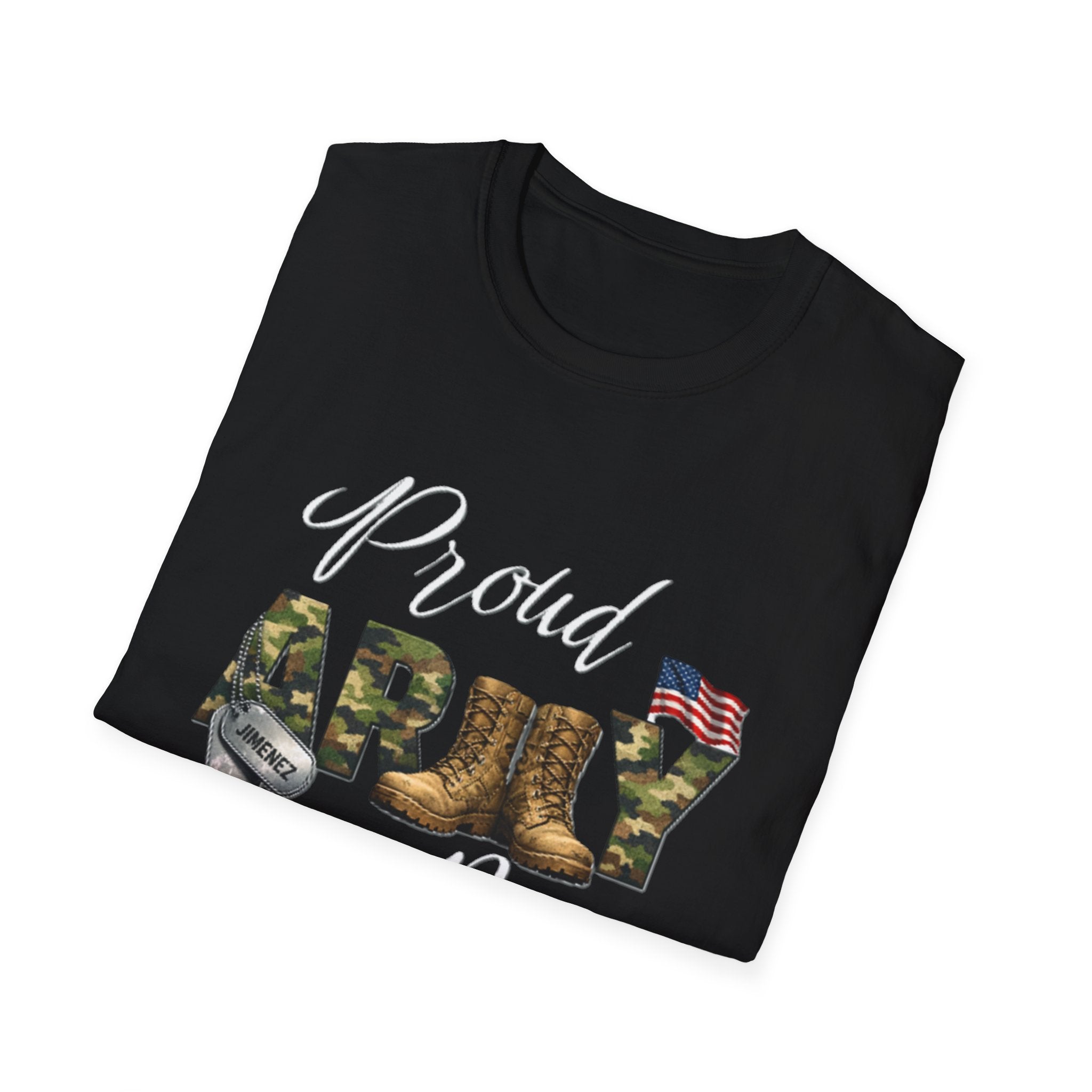Proud Army Mom T-Shirt — Military Camouflage Boots & Flag Design