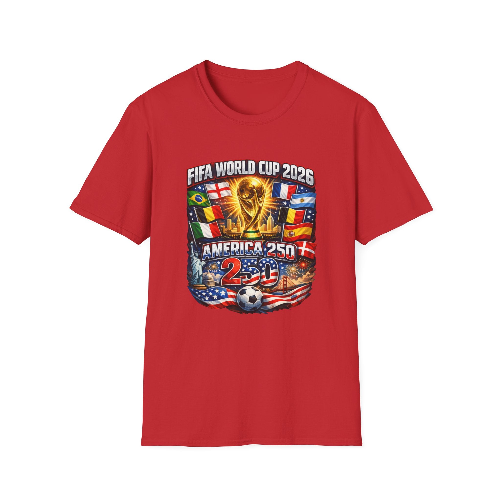 FIFA World Cup 2026 T-Shirt — America 250 Soccer Trophy & Flags Tee