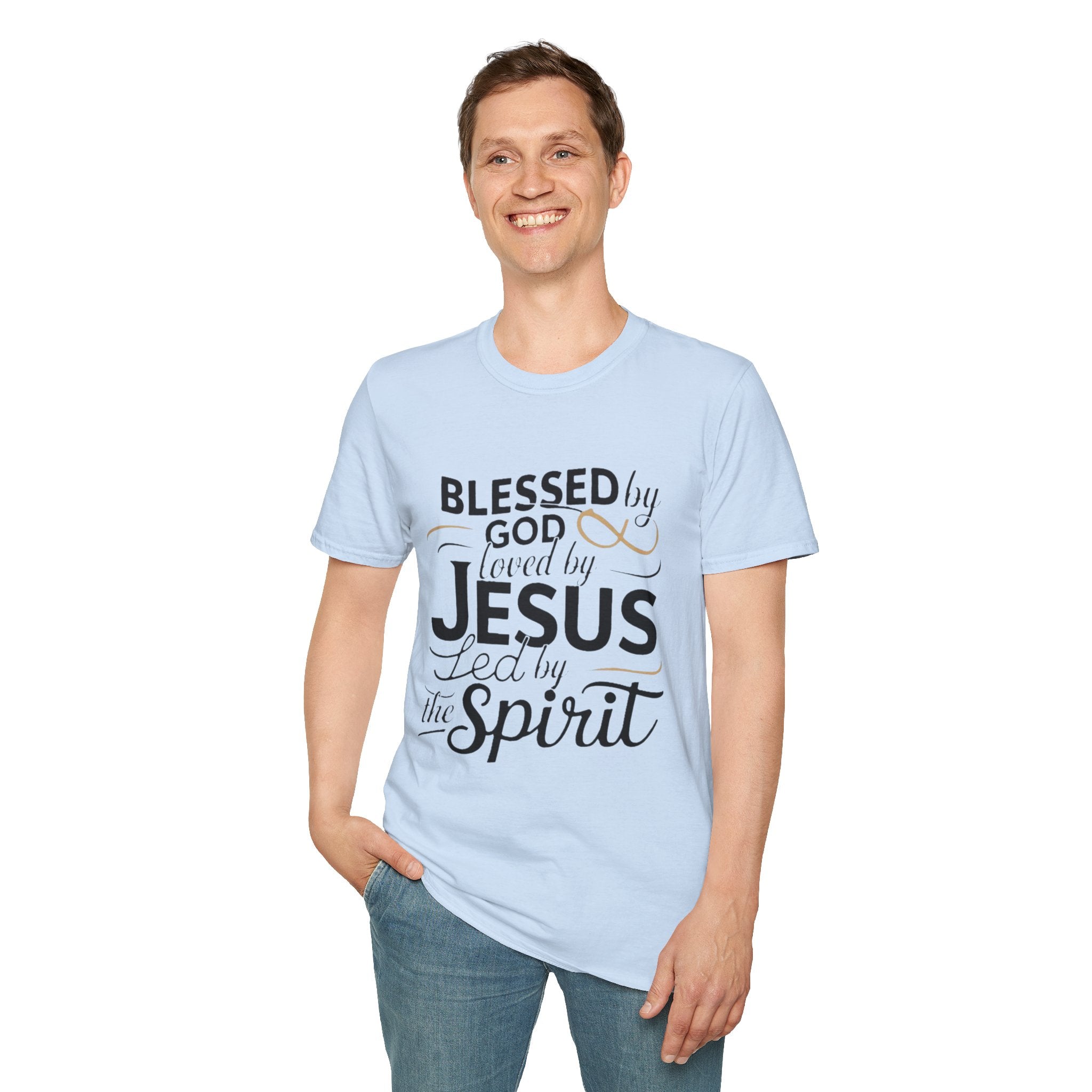 Jesus Blessed by God Faith T-Shirt — "Blessed by God, Loved by Jesus, Led by the Spirit" Christian Tee