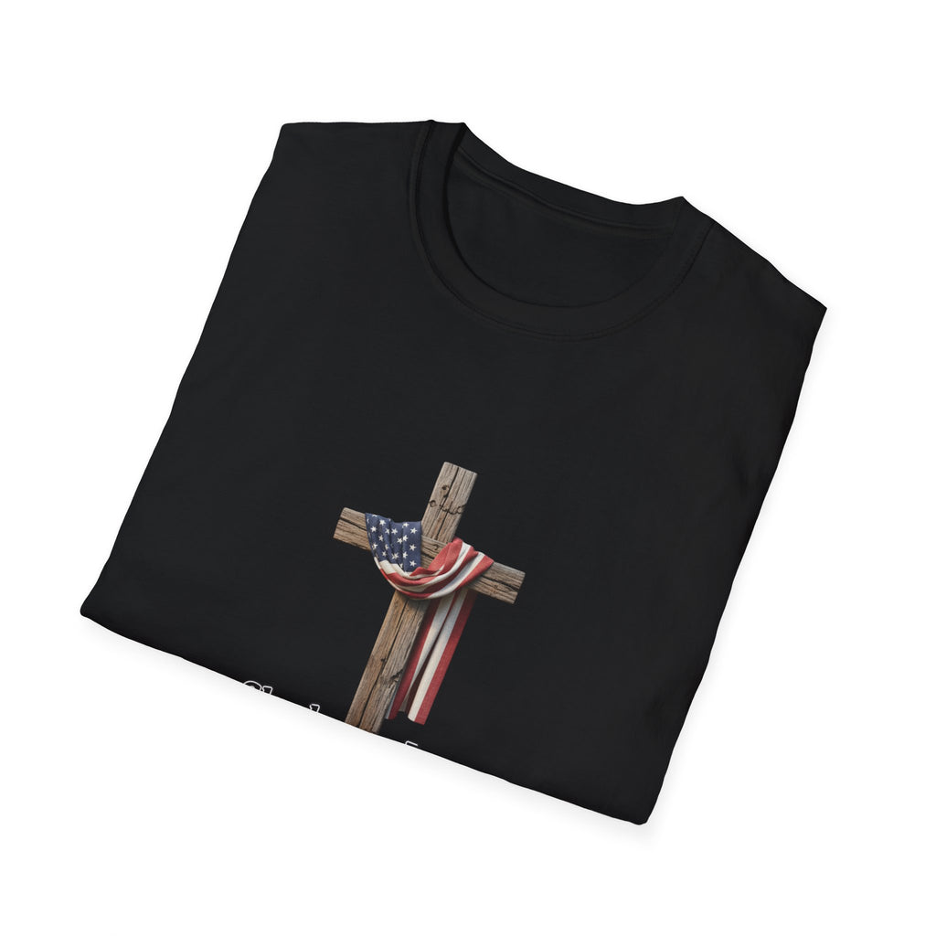 Christian Patriotic T-Shirt - "She loves Jesus and America, too" Cross Design