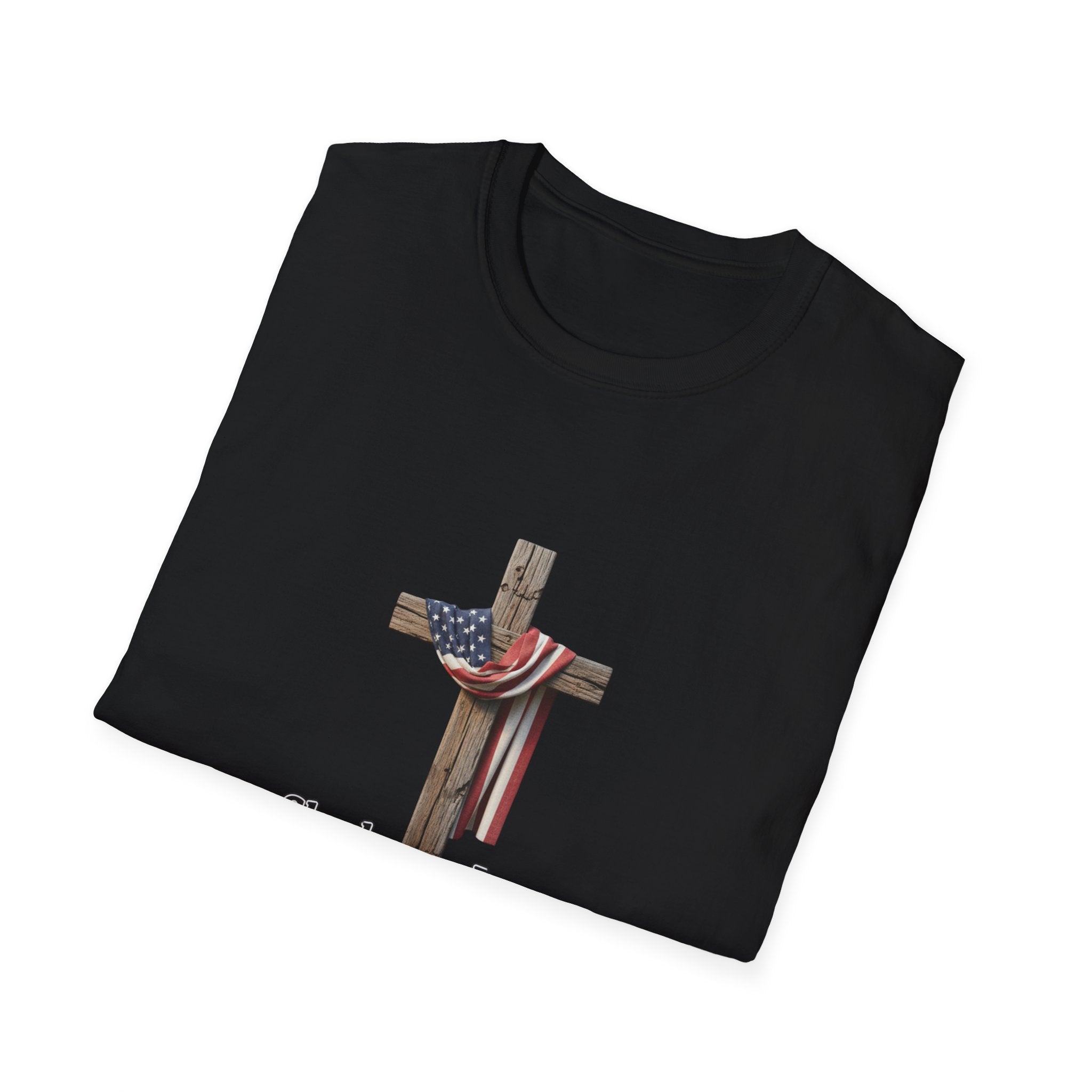 Christian Patriotic T-Shirt - "She loves Jesus and America, too" Cross Design