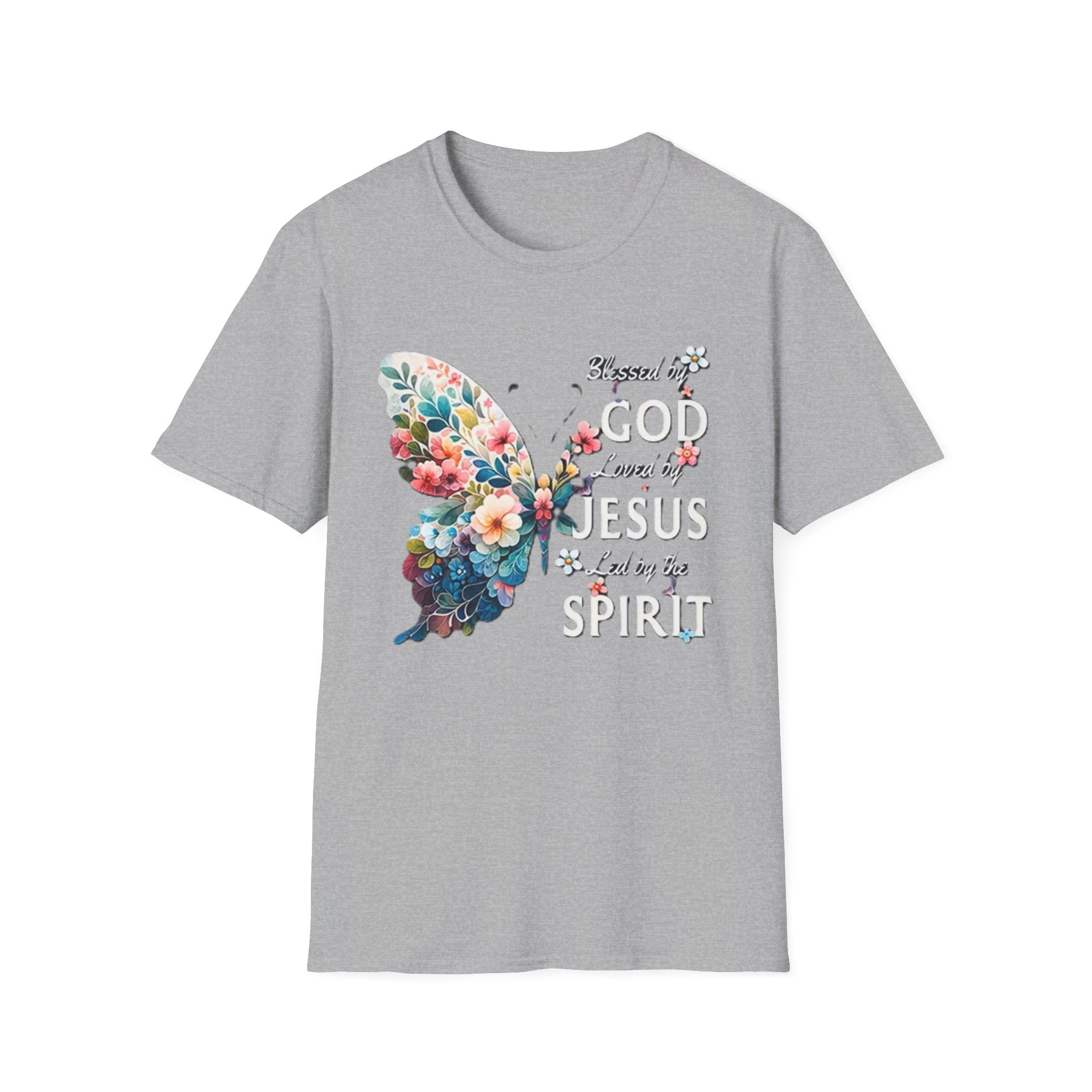 Faith Butterfly T-Shirt — "Blessed by God, Loved by Jesus, Led by the Spirit" Christian Floral Tee