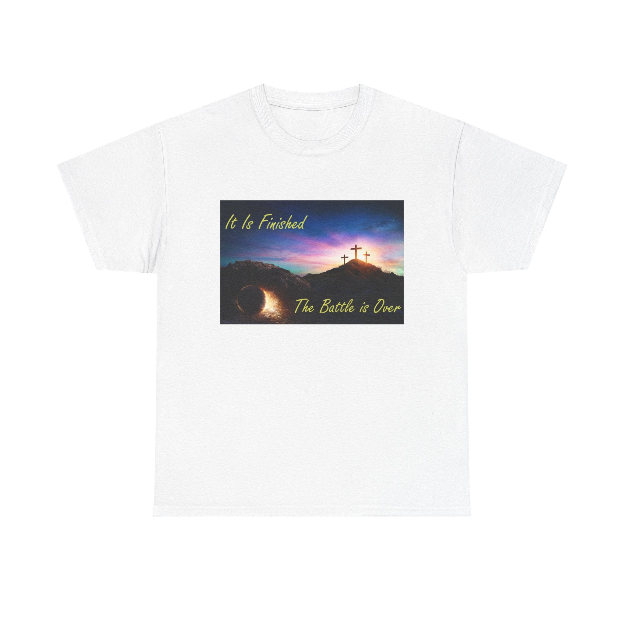 T-Shirt – 'It Is Finished / The Battle is Over' Christian Cross Sunset Tee