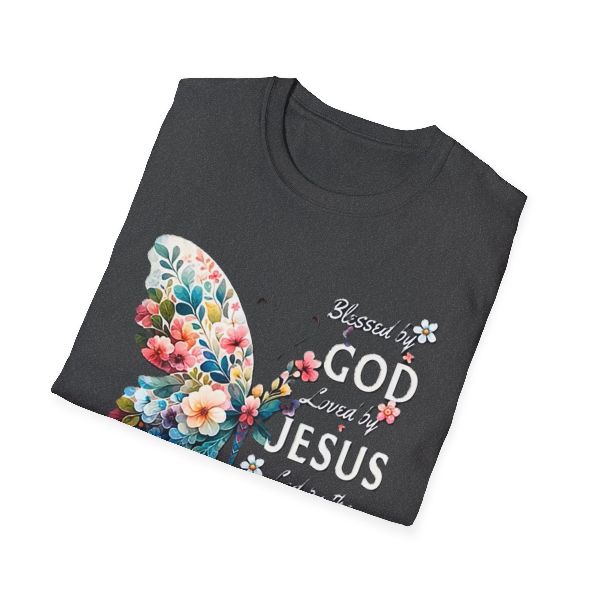 Faith Butterfly T-Shirt — "Blessed by God, Loved by Jesus, Led by the Spirit" Christian Floral Tee