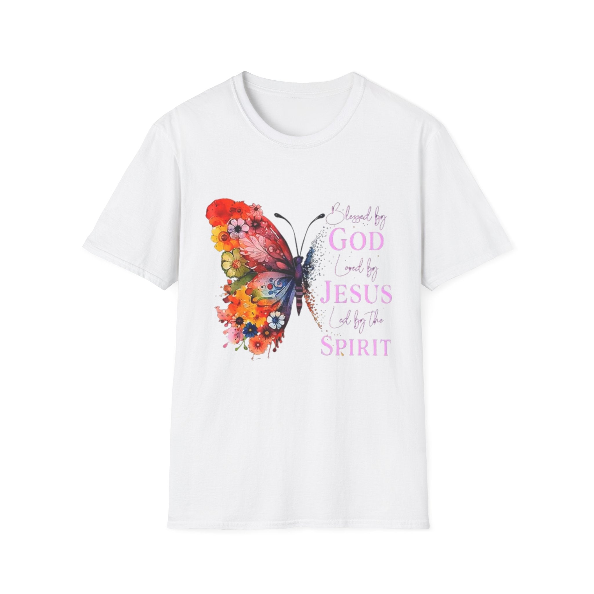 Butterfly Faith T-Shirt — 'Saved by God, Loved by Jesus & Led by the Spirit' Christian Tee