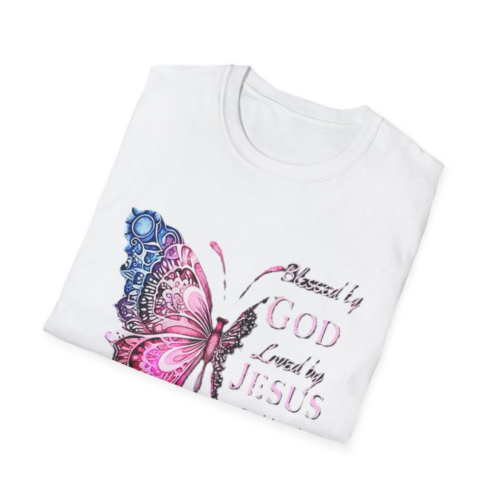 Christian Butterfly T-Shirt — Blessed by God, Loved by Jesus, Led by the Spirit